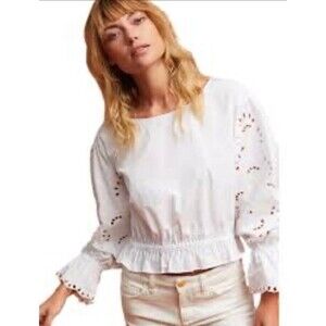 Anthropologie Maeve White Eyelet Cutout Long Sleeve Top Boho Minimalist Large